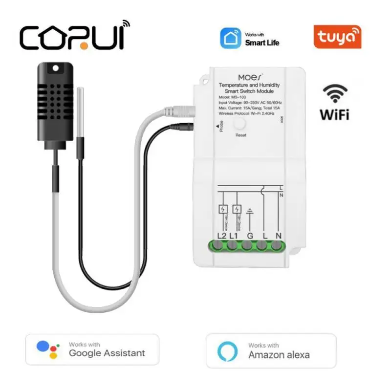 

CORUI Tuya WiFi Smart Temperature Humidity Switch Module Sensor Dual Relay Output Wireless Controller Work With Alexa Google