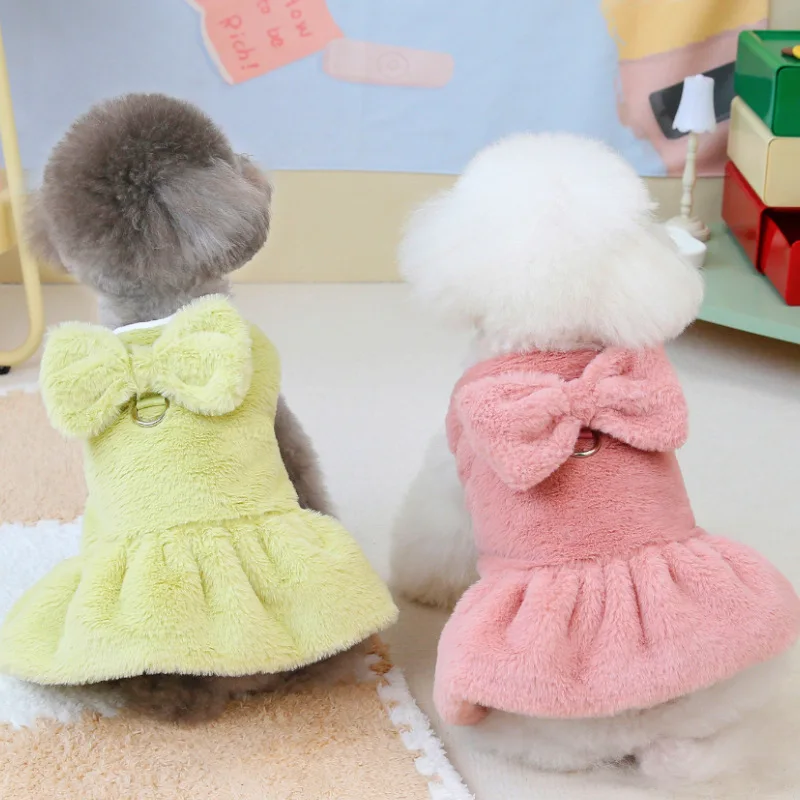 Autumn and winter new bow cat clothes can be pulled solid color cotton skirt cute dog teddy pet plush short skirt