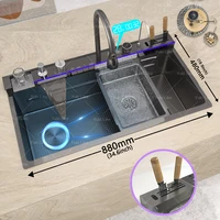 Stainless Steel Waterfall Kitchen Sink Embossed Extra Large Single Slot With Knife Holder Cup Wash Multifunctional Washbasin 1