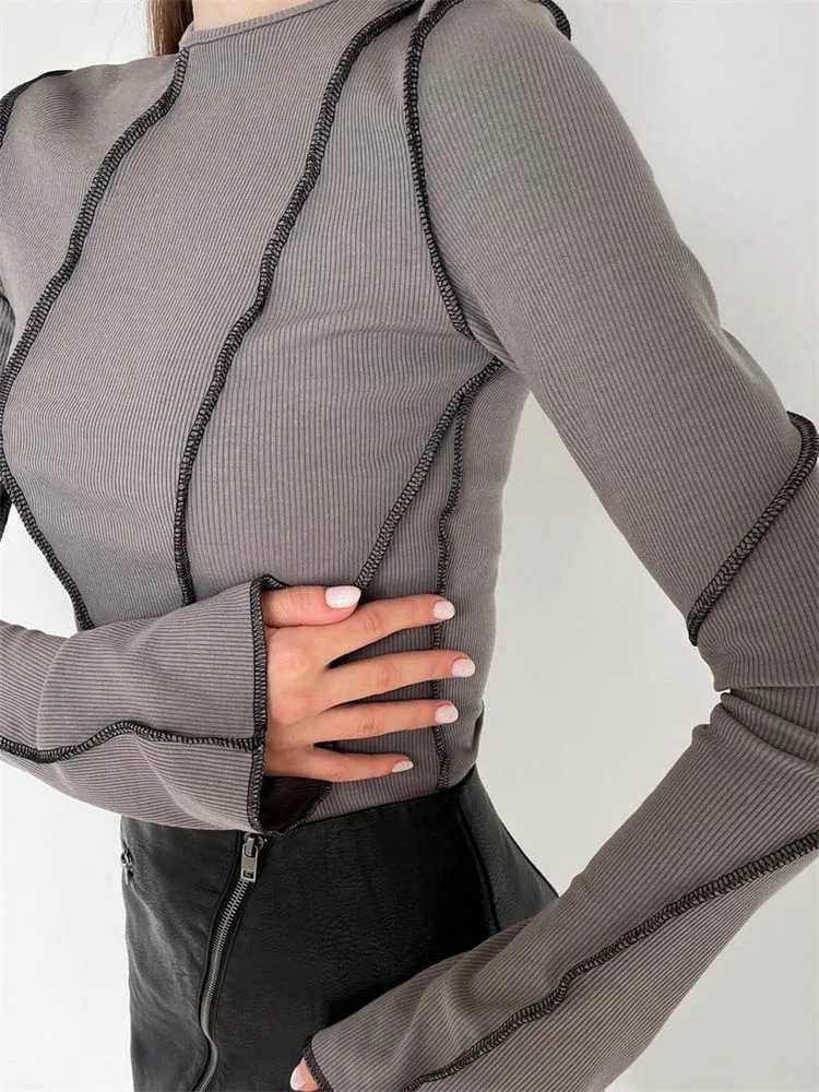 Women Patchwork T-Shirts Chic Casual Long Flare Sleeve Round Neck Knitted Ribbed Tees Shirts Spring Autumn Street Top 1 Women Patchwork T-Shirts Chic Casual Long Flare Sleeve Round Neck Knitted Ribbed Tees Shirts Spring Autumn Street Top