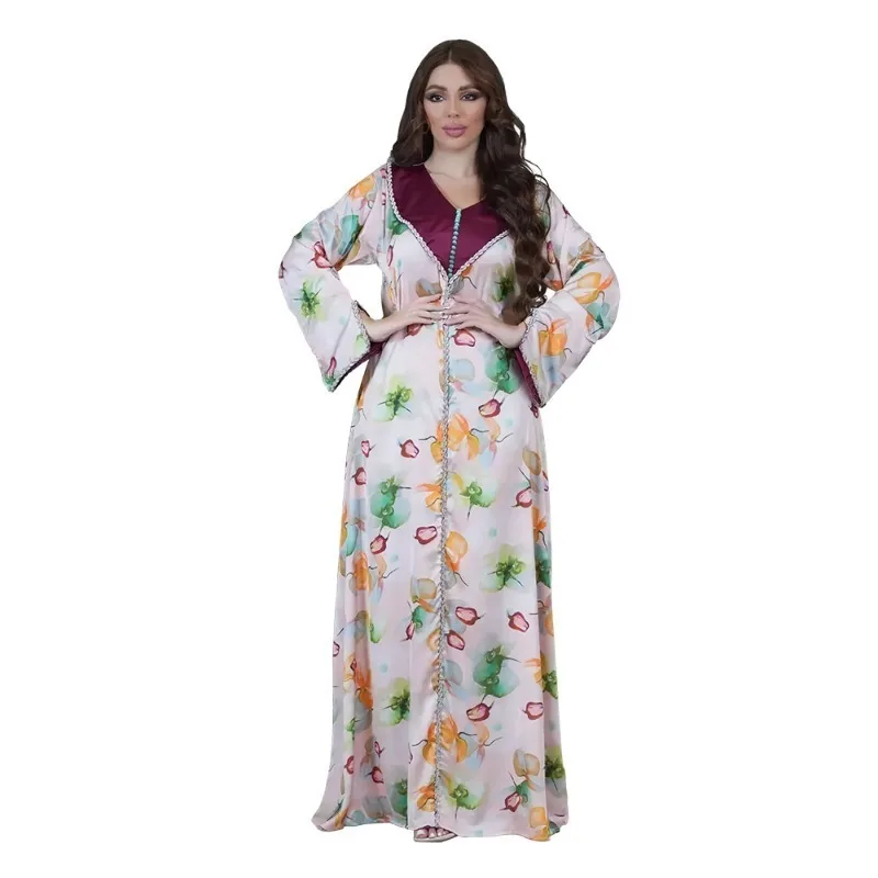 Mulheres manga comprida decote V Abaya com impressรฃo poliรฉster, vestidos da moda muรงulmana, elegantes, verรฃo, outono