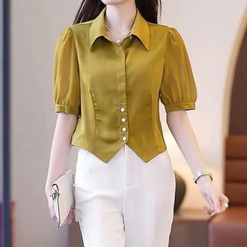 2023 Summer New Simplicity Commuter Solid Color Button Lapel Short Sleeve Fashion Trend Casual Elegant Women's Thin Top Blouse
