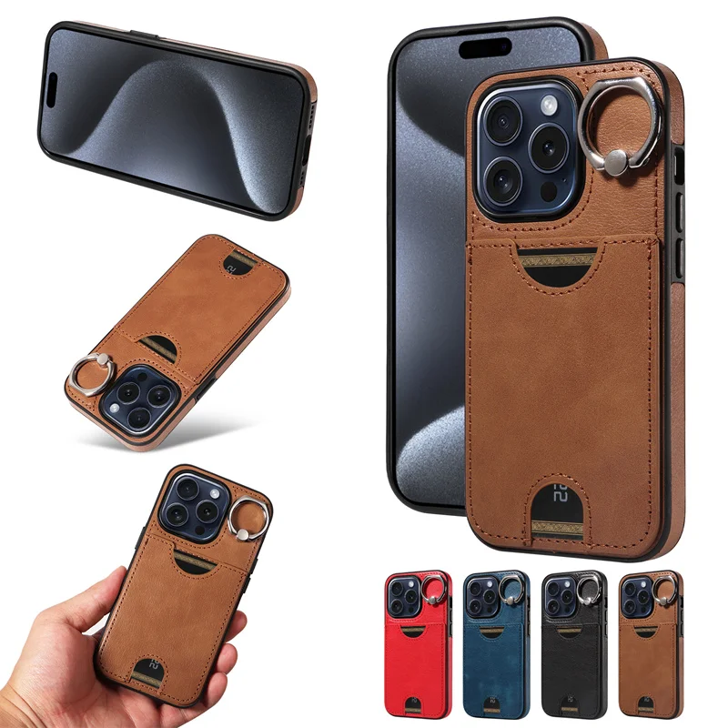 Custodia In Pelle Di Lusso Per Iphone 7 8Plus X Xr Xs Max 11 12 13 14Plus 15 Promax Slim Card Holder Ring Bracket