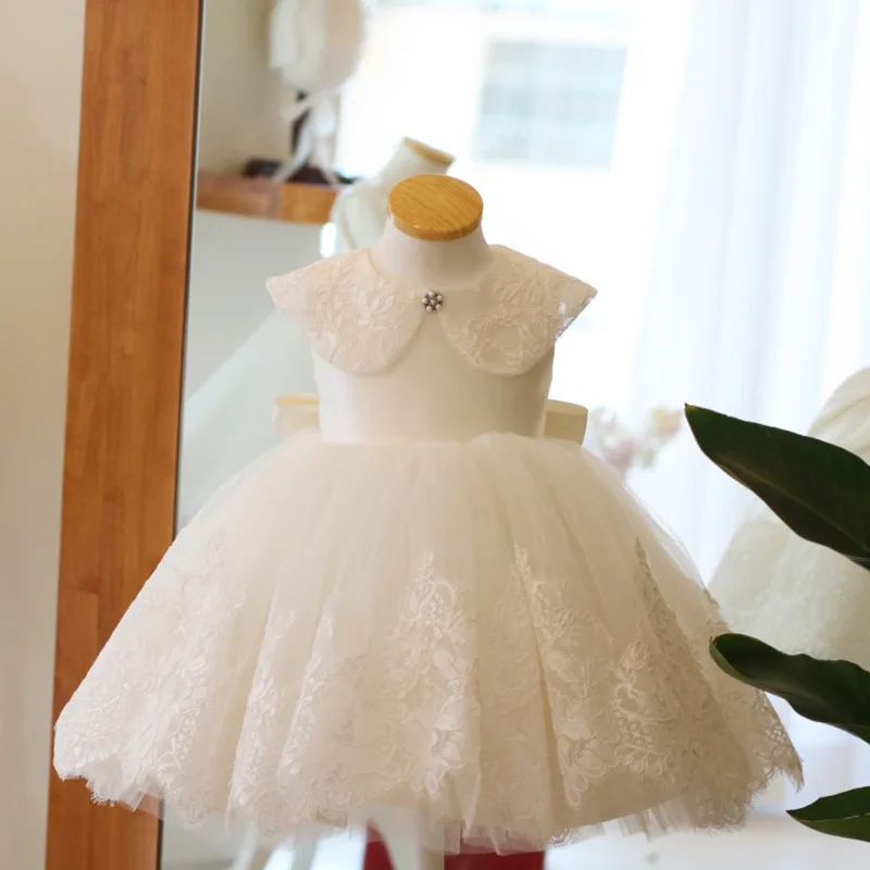 

Baby Girl One Year Old Dress 2023 new white Lace Floral Doll Collar Flower Girl Princess Dress birthday Party 1-10Y Kids Dresses