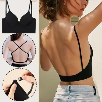 2024 Push-Up Bralette Women's Low-Waist Bras For French Wedding Removable Thin Padded Bra Soft Seamless Underwear Top Backless 1