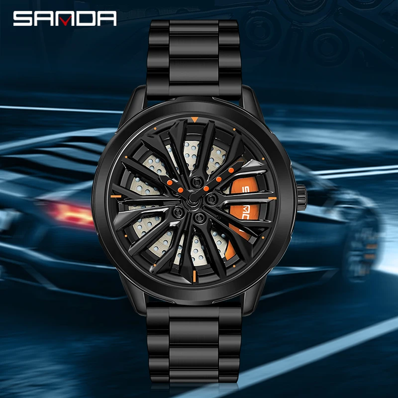 

High Quality Rotating Car Rim Wheel Dial Waterproof Sports Watch Men Stainless Steel Leather Band Premium Quartz Wristwatch