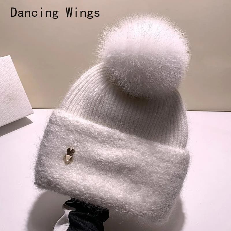 

Ladies Black White Real Fox Fur Pom Poms Hats for Women Winter Outdoor Warm Angola Cute Skullies Beanies Wool Ski Winter Hat