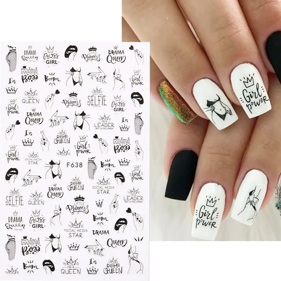 2pcs Heart Love Design 3D Nail Art Stickers English Letter Cool Girl Face Sliders Valentine Day Manicure 3