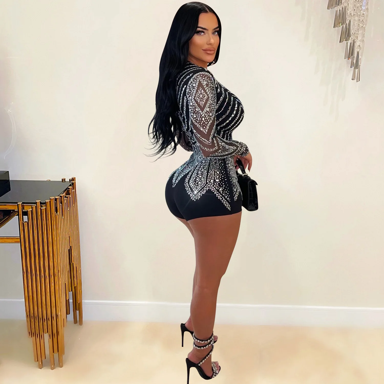Luxury Deep V-neck Mesh Long Sleeve Night Club Party Romper Birthday Outfits Women Sparkly Diamonds Rhinestone Jumpsuit