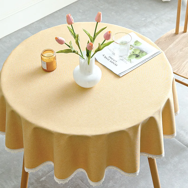 1pc Waterproof and Oil-Proof Round Table Cloth with Lace Edge,Nordic Style Solid