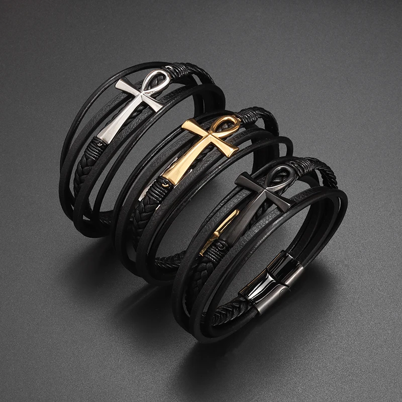 

Fashion Classic Cross Multilayer Leather Braided Magnetic Buckle Bracelet Men's Street Popular Motorcycle Jewelry Gift