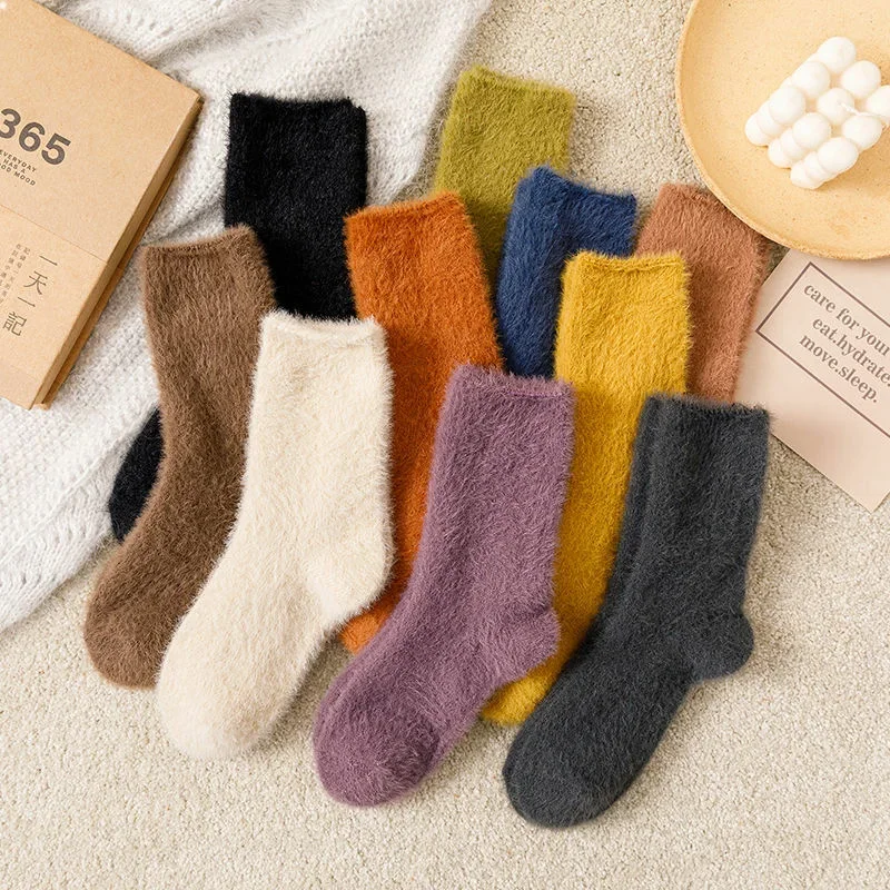 

Winter Candy Warm Soft Fluffy Socks Women Velvet Solid Thick Thermal Mink Fur Sock Plush Ladies Home Floor Slipper Sleepping Sox