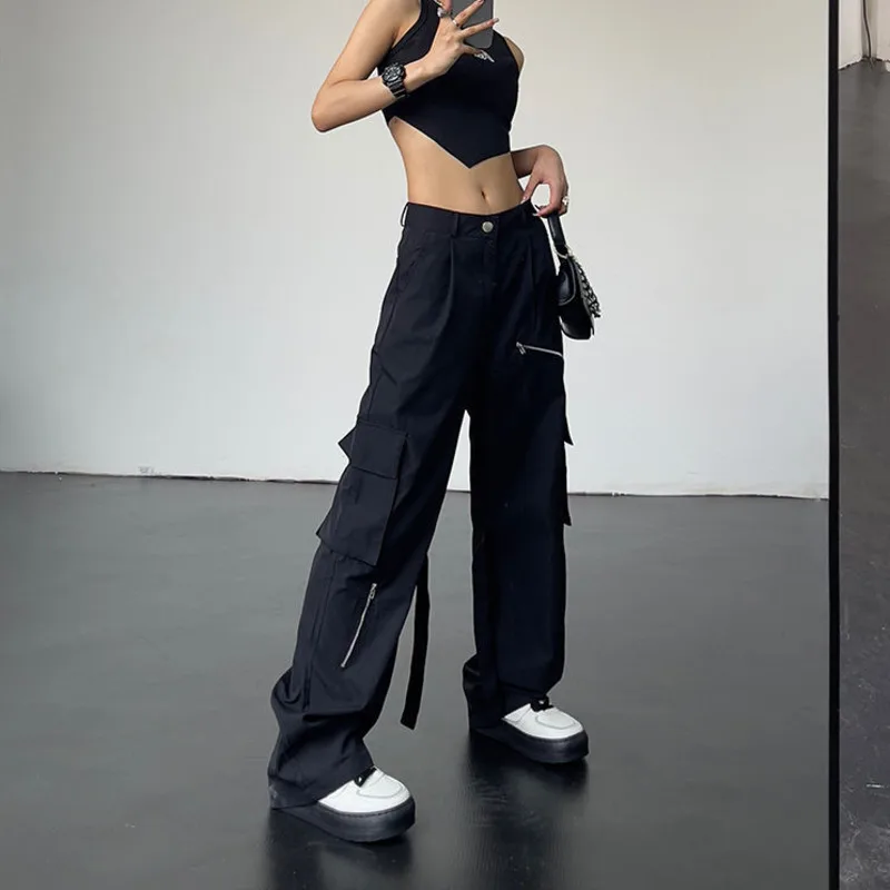 

Korean Hip Hop Black Cargo Pants Gothic Straight Casual Streetwear Women's Pocket Chain Punk Style Trousers Summer Fashion