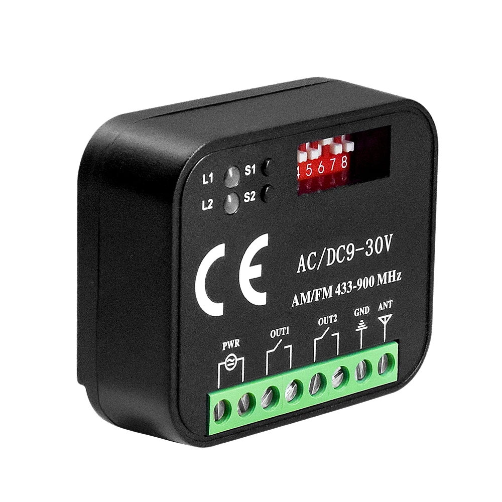 Universal Frequency 300-900MHz Garage Door Receiver AC DC 9-30V AC 85-250V 2CH Switch Module 433 868MHz Transmitter