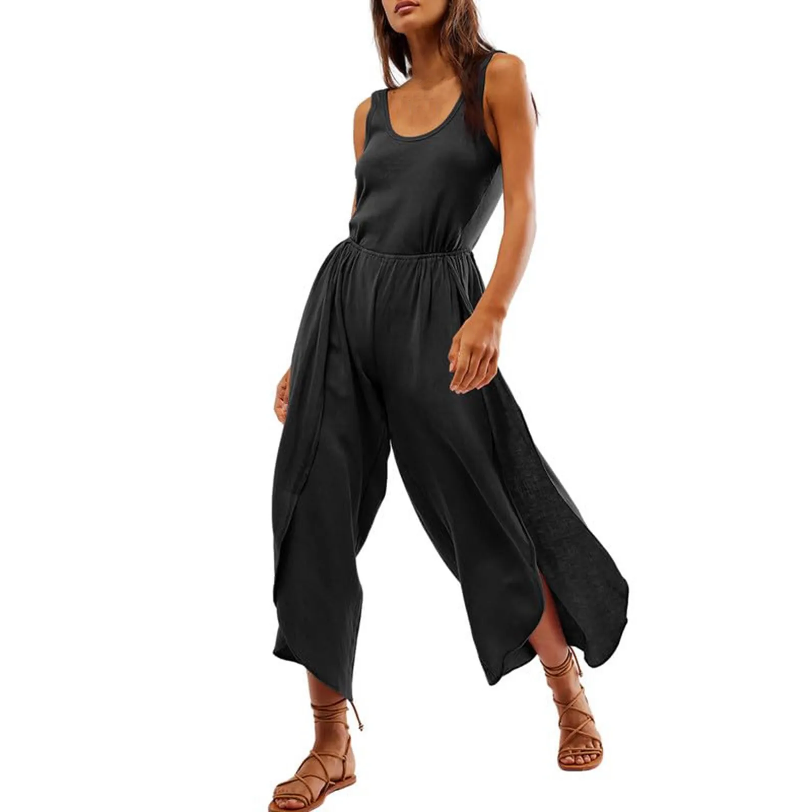 

Summer Casual Jumpsuits Fashion Solid Color Sleeveless Tanks Jumpsuits Waist Loose Wide Leg Pants Leisure Vacation Jumpsuits