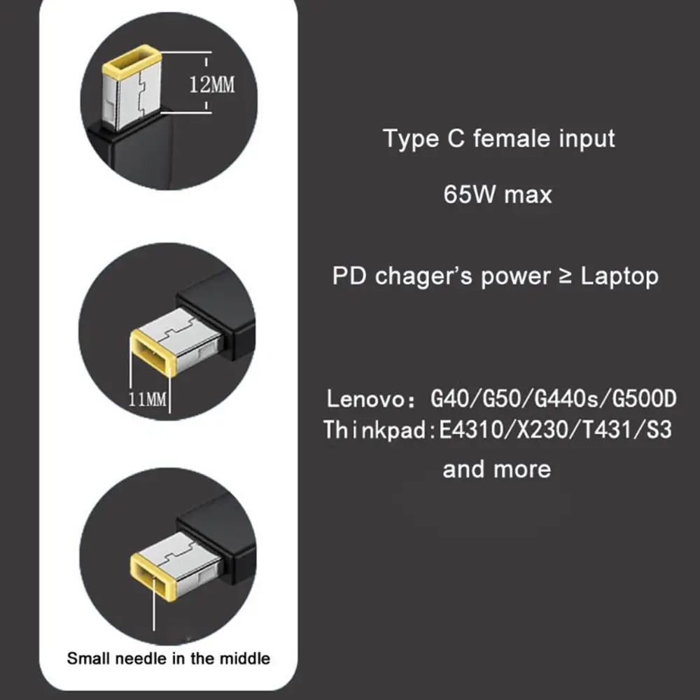 노트북 USB-C 65W PD 충전기 타입-C 여성형 스퀘어 슬림 팁 전원 코드 충전 케이블 레노버 요가 2 프로 13 씽크패드용