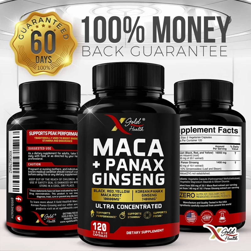 

Maca Root Capsules 10,000mg + Korean Ginseng 1,400mg - Ginseng Supplements - Ultra Potency & High Purity Non-GMO