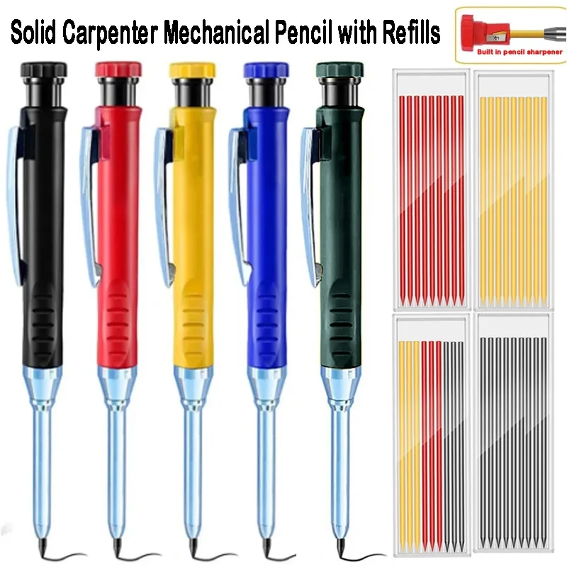 

Solid Carpenter Mechanical Pencil with Refill Lead Built-in Sharpener Deep Hole Pen Woodworking Stationary School Office Supply