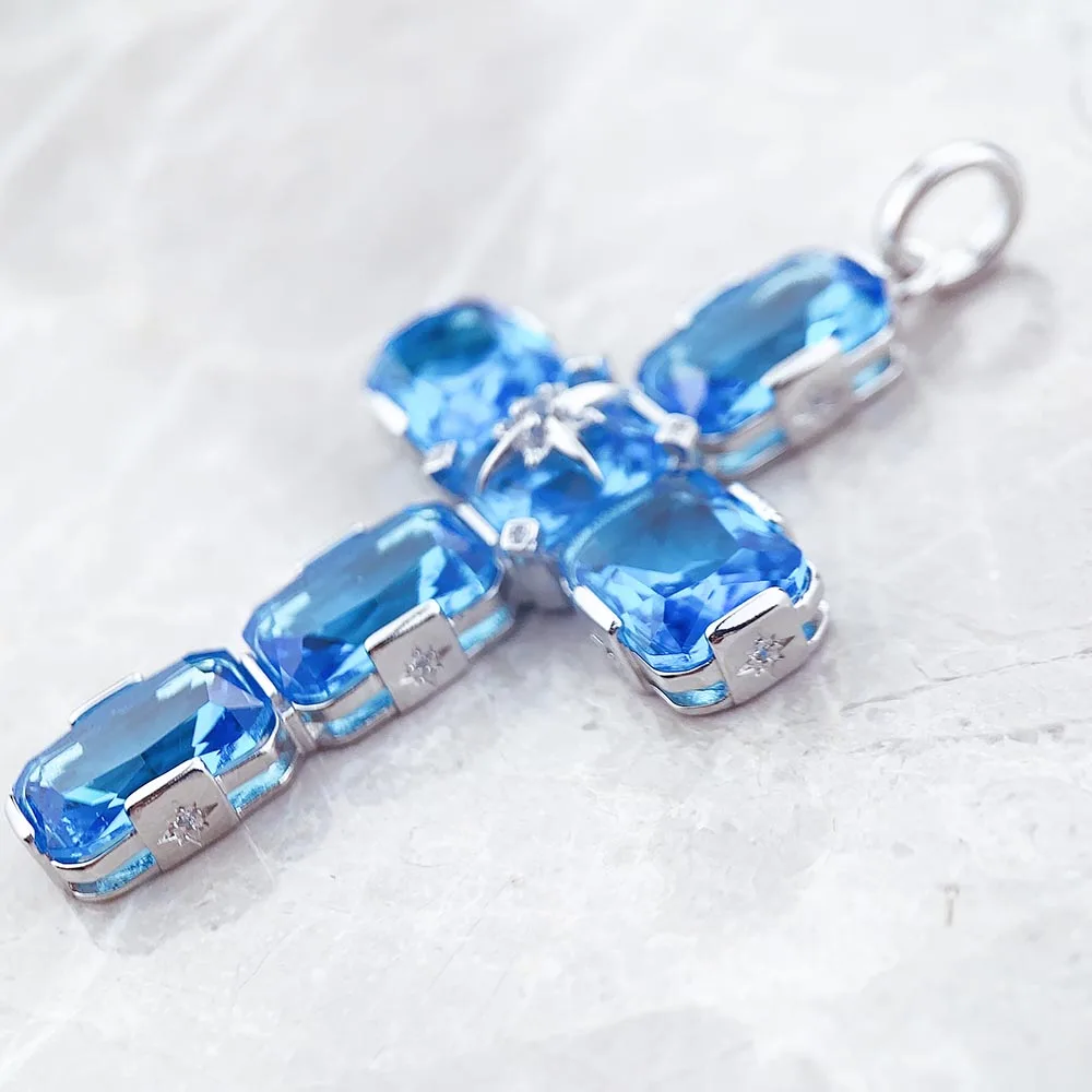 Blaues Kreuz Talisman Anhänger Winter Brandneuer feiner 925er Sterlingsilber-Schmuck Europa Vintage-Accessoires Geschenk für Frauen Männer – Detail 6