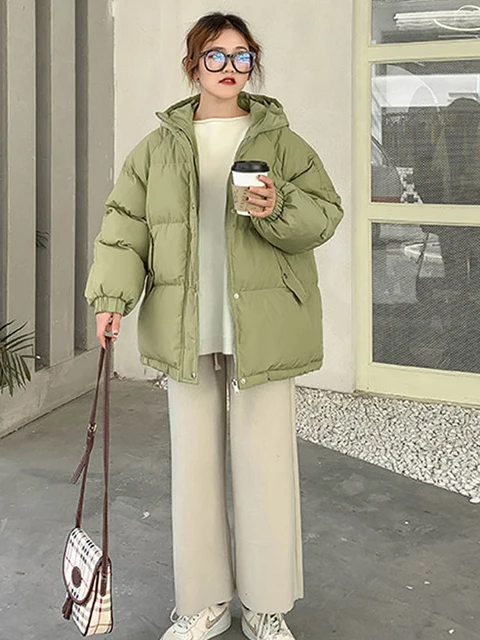 New 2020 Women Short Jacket Winter Thick Hooded Cotton Padded Coats Female Korean Loose Puffer Parkas Ladies Oversize Outwear Pea green