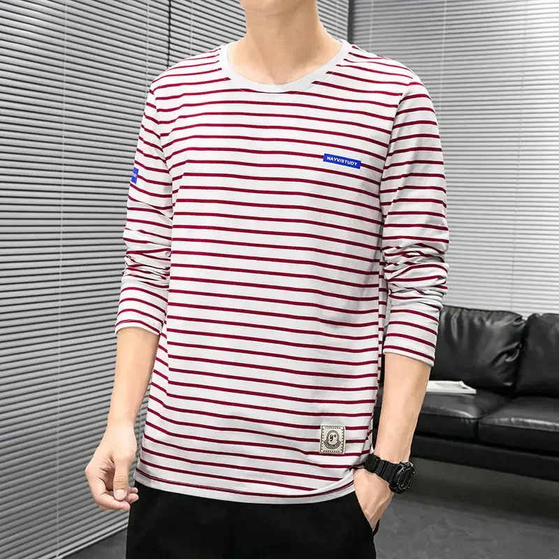 thumbnail image 1 of Camiseta para hombre a rayas ropa de hombre top ajustado cuello redondo rojo ajustado manga larga harajuku moda normal coreano otoño, 1 of 5