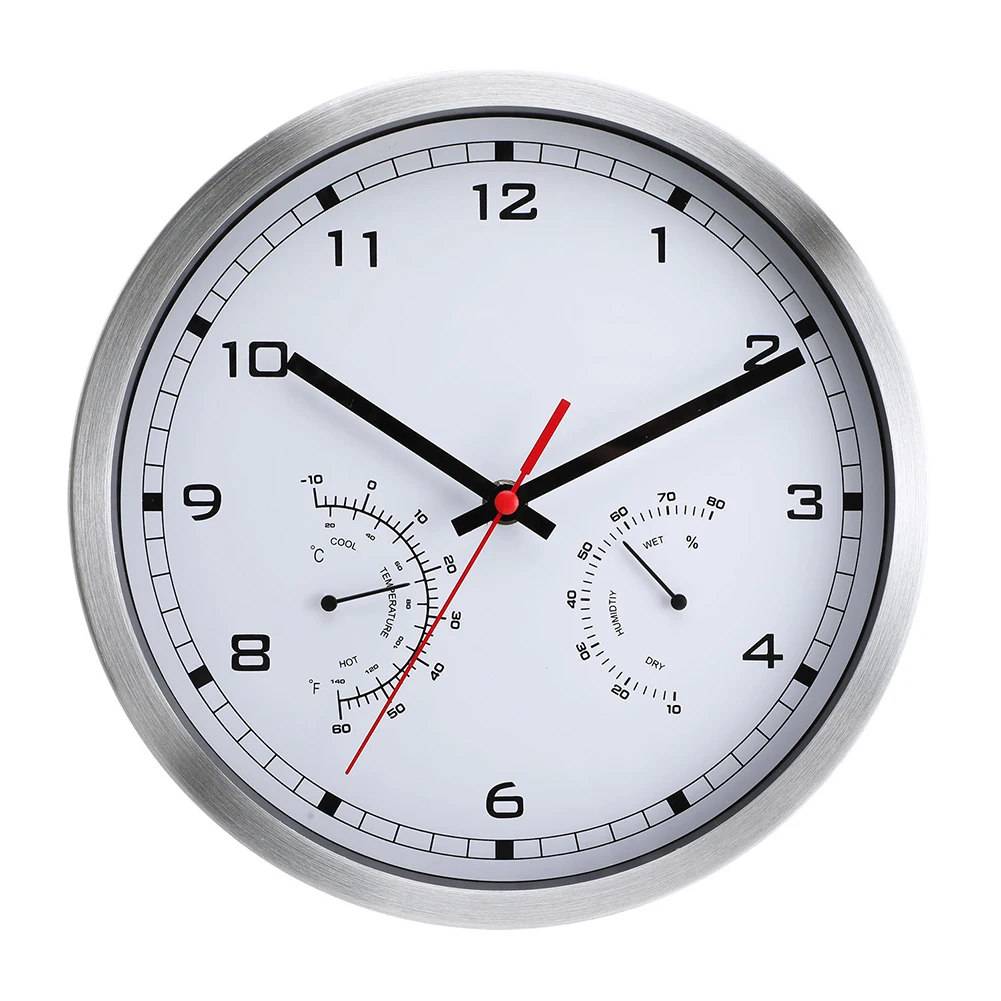 Battery Operated Wall Clock with Silent Movement and Temperature Humidity Display 10 Inch Aluminum Frame Design