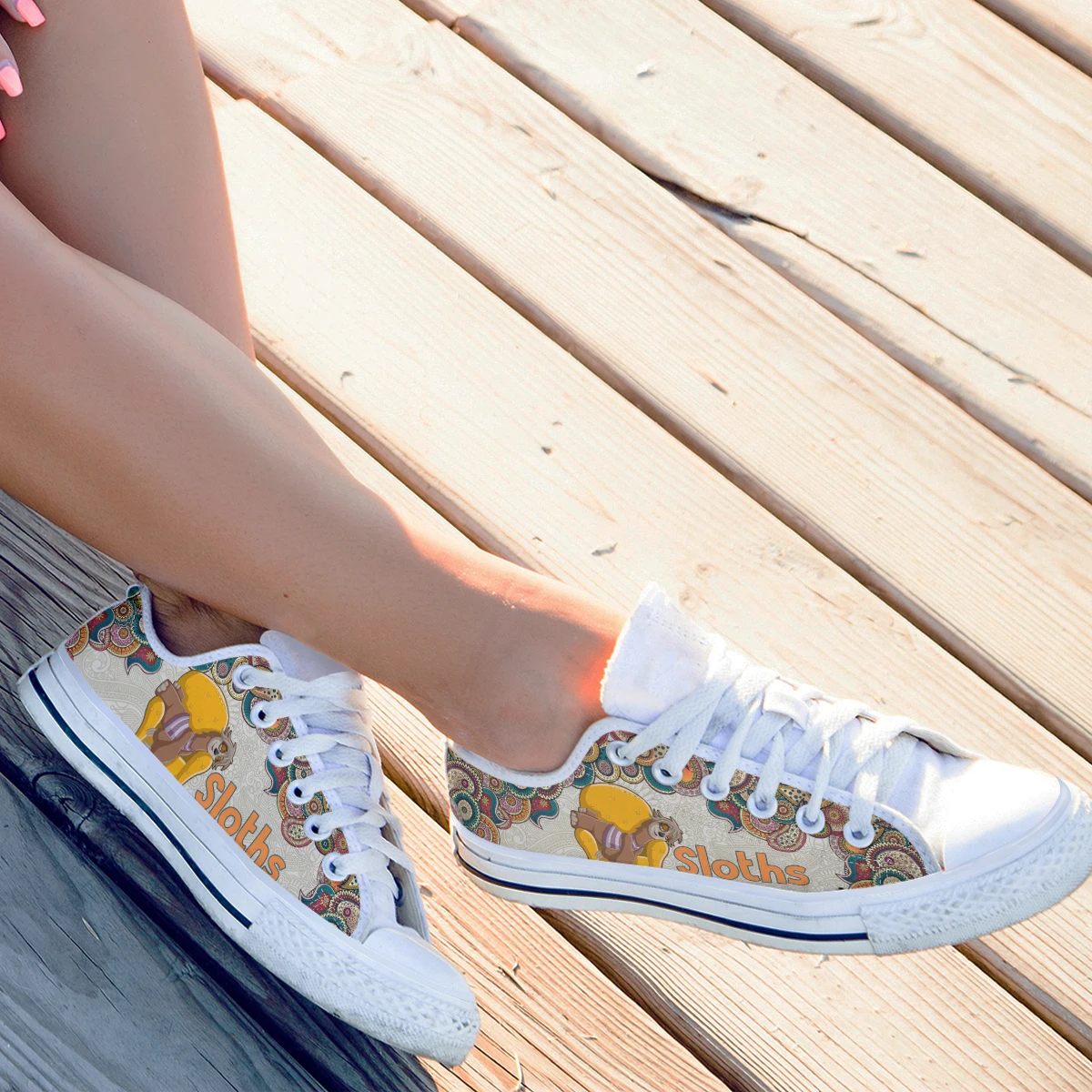 New Bohemian Mandala Sloth Print Women's Low-top Vulcanized Shoes Round Toe Casual Lace-up Flat Walking Shoes