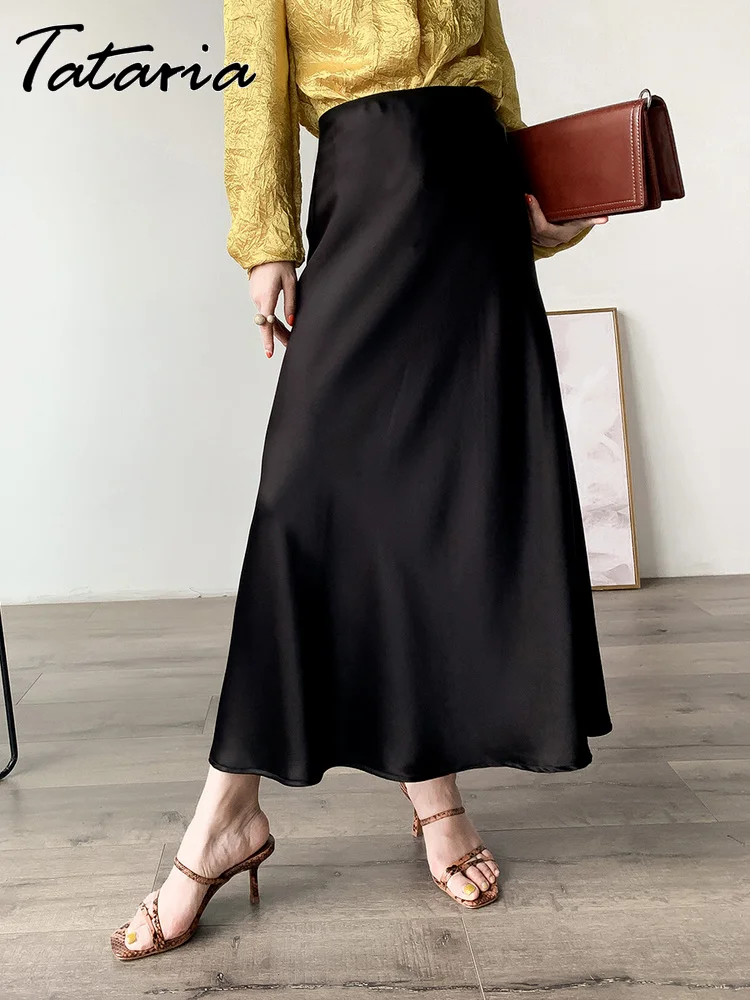 New Women's Elegant Silk Satin Midi Skirt Quality High-waisted - Main Image