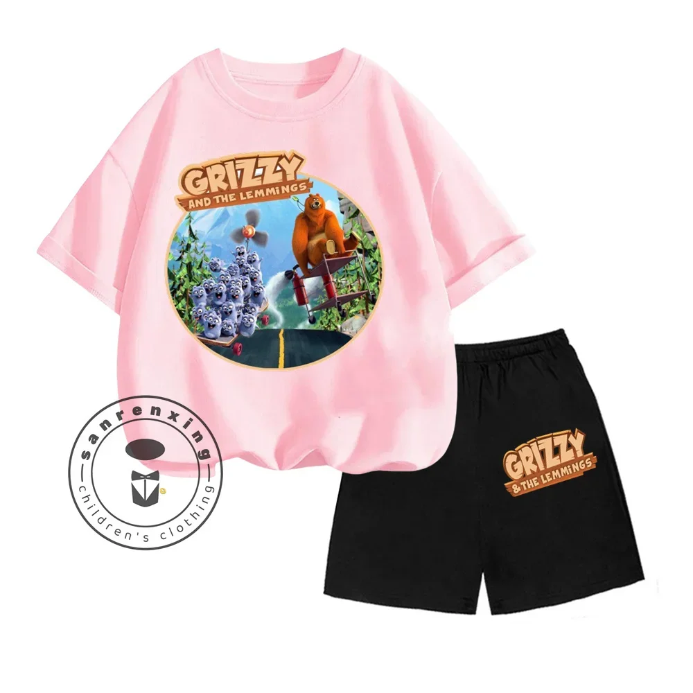 Unique Grizzy the Lemmings Animated Cartoon Print Design O-neck Short Sleeve and Hip Hop Shorts Summer Children Two-piece Set 3