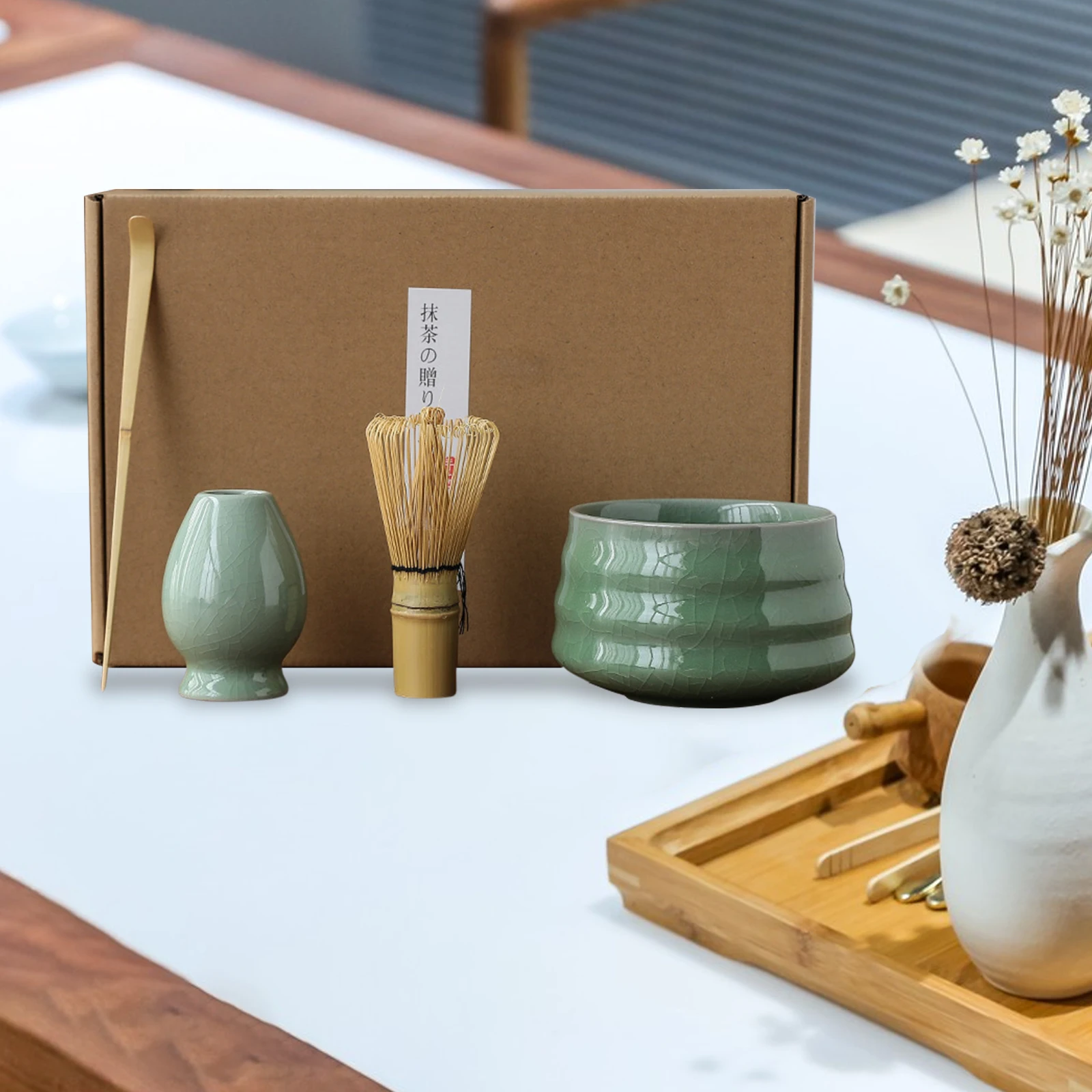 4 in 1 Traditional Japanese Matcha Set Handmade Ceramic and Bamboo for Japanese Tea Utensils Tools Gifts