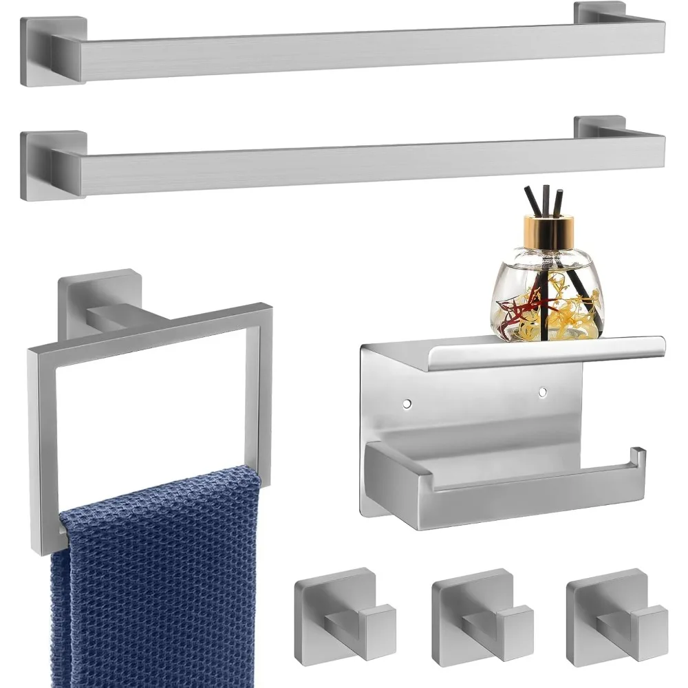 7-piece bathroom brushed nickel towel rack set, 2 square 23 inch towel bars and stainless steel accessories wall mounted