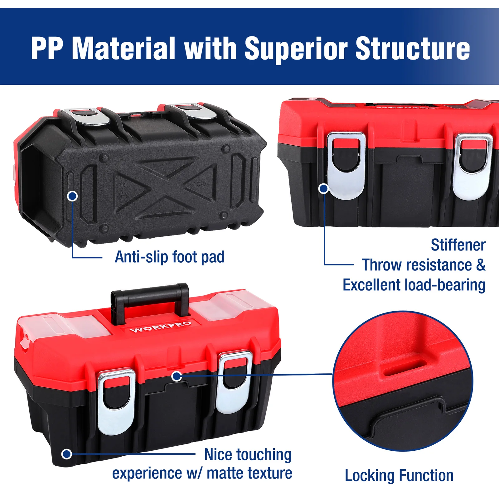 WORKPRO 16" Plastic Tool Box with Tray Waterproof Double Layer Tool Box Storage Multifunction Organizers Case with Handle 4