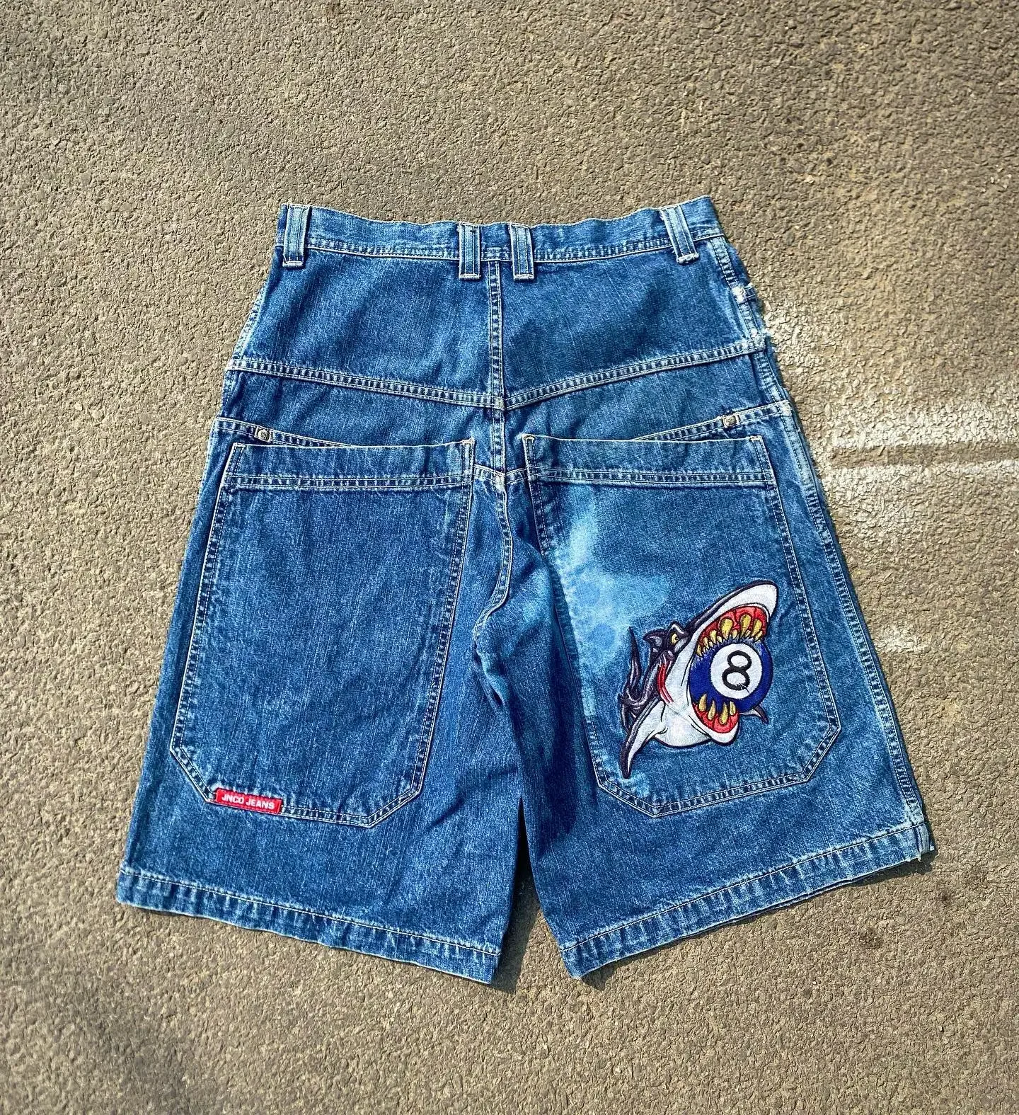 

Hip Hop Streetwear JNCO Shorts Y2K Shark Graphic Retro Blue Baggy Denim Gym Shorts Pants High Waist Mens Basketball Shorts