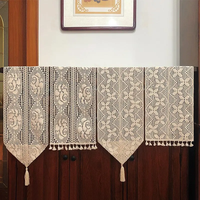 

1PC Flower Embroidery Table Runner Hollow Out Table Cloth With Tassel Home Kitchen Coffee Tablecloth Cover Party Wedding Decor