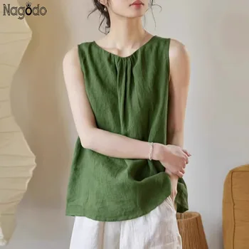 Top da donna estivo in cotone e lino vintage girocollo gilet senza maniche verde T-shirt ampia e traspirante T-shirt da donna casual 1