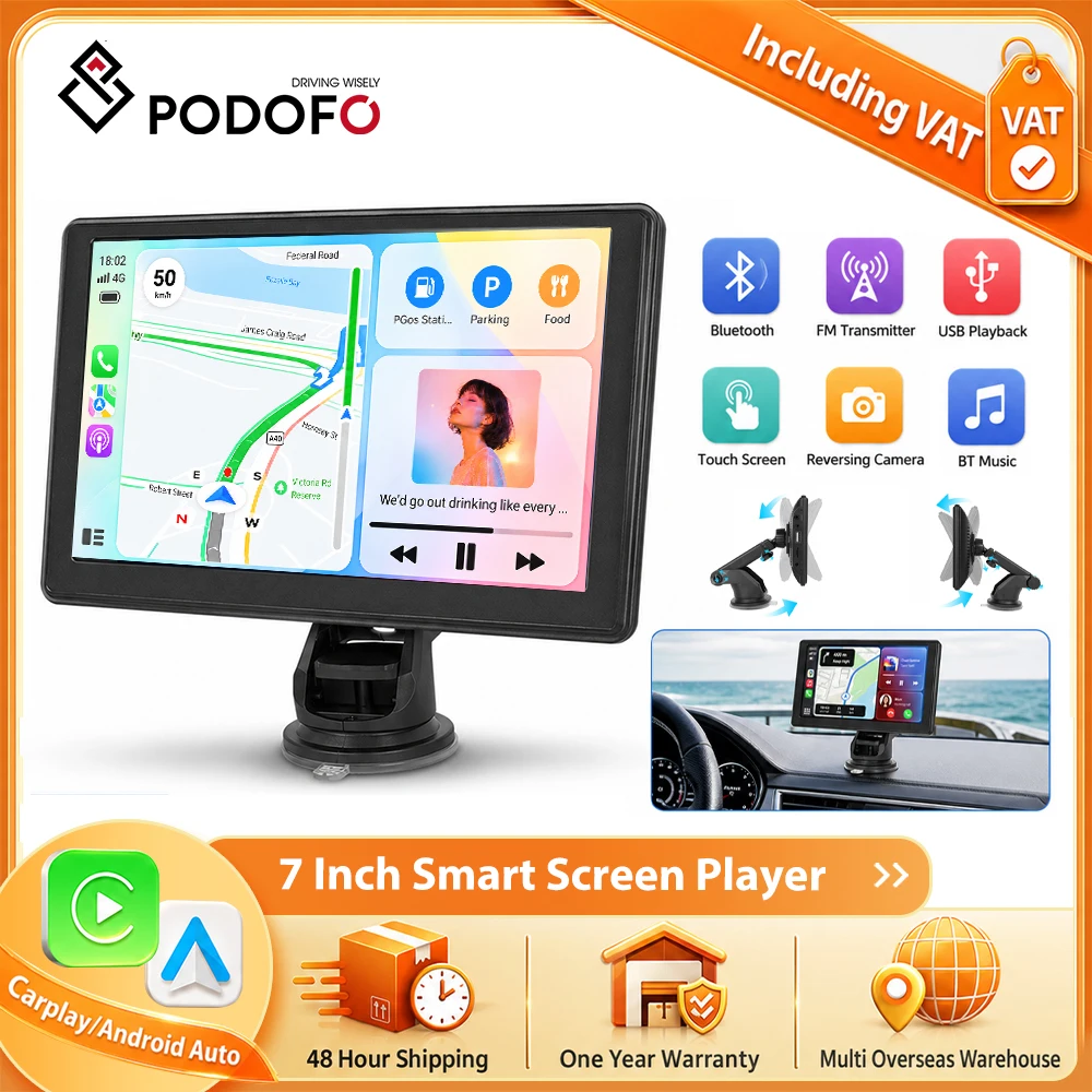 Reproductor MP5 Podofo de 7 Pulgadas con CarPlay Inalámbrico, Android Auto, Navegación GPS, Mirror Link, Transmisión FM, Pantalla Inteligente, Reproductor de Música BT, EQ, AUX, Audio, Monitor MP5 1