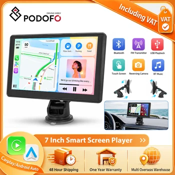 Reproductor MP5 Podofo de 7 Pulgadas con CarPlay Inalámbrico, Android Auto, Navegación GPS, Mirror Link, Transmisión FM, Pantalla Inteligente, Reproductor de Música BT, EQ, AUX, Audio, Monitor MP5 1