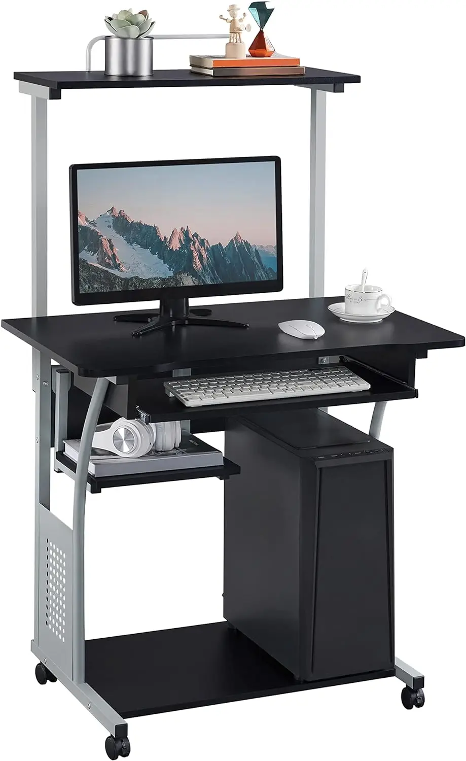 

3 Tier Computer Desk with Printer Shelf and Keyboard Tray, Home Office Workstation Rolling Study Laptop Table for Small Spaces