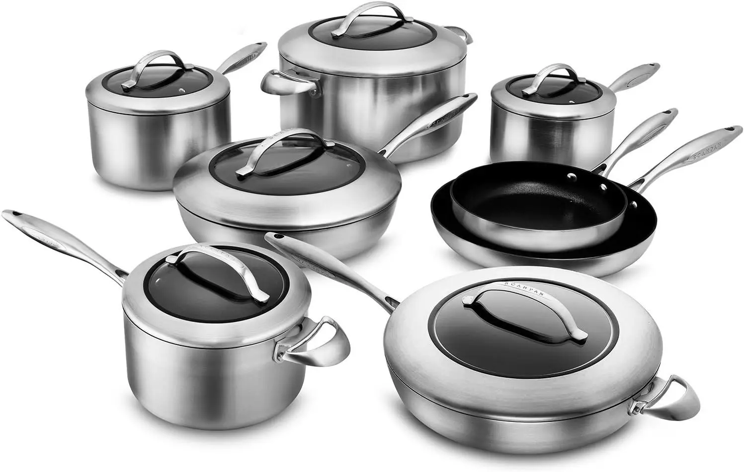 14 piece Stainless Steel Cookware Set with Stratanium Nonstick Coating dishwasher safe interchangeable glass tempered lids