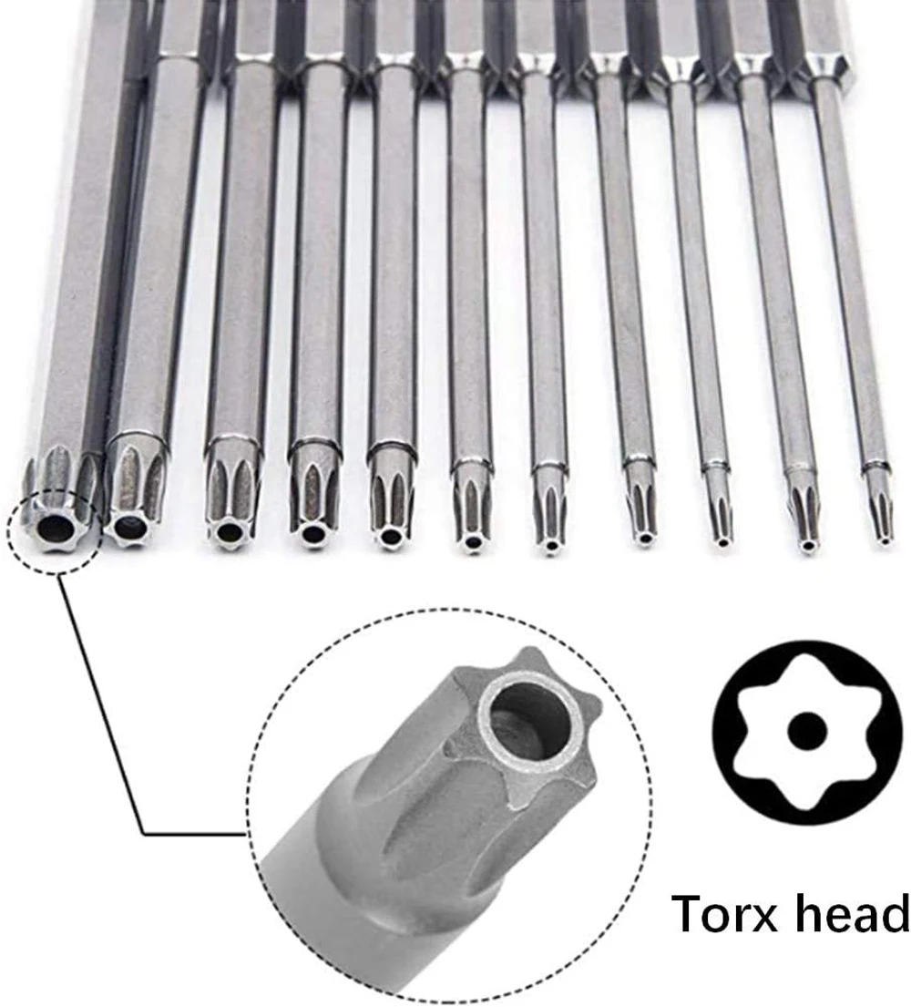 Hex Shank Torx Security Head Screwdriver Drill Set 4 Inch Length S2 Steel Torx Screwdriver Bit Set 11/12pcs Head 1/4 Inch screwdriver set