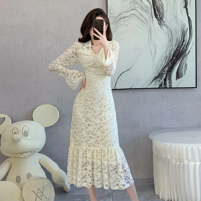 

2024 Spring High end Brushed Long sleeved Lace Layup Dress with Waistband, Unique and Beautiful Small Skirt, Long Skirt
