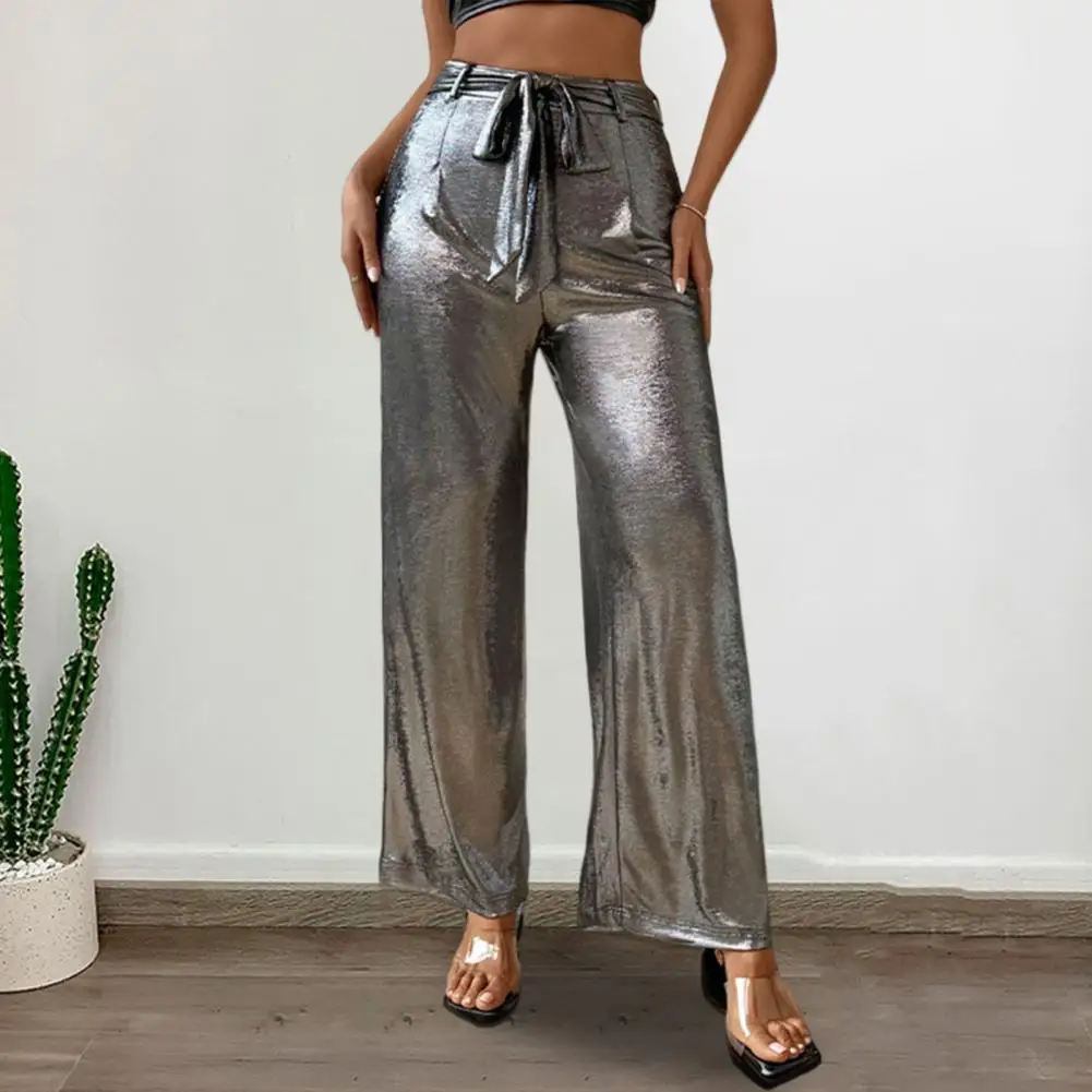 Women Wide-Leg Pants High Waist Lace-up Casual Pants Metallic Texture Solid Color Draped Nightclub Long Trousers