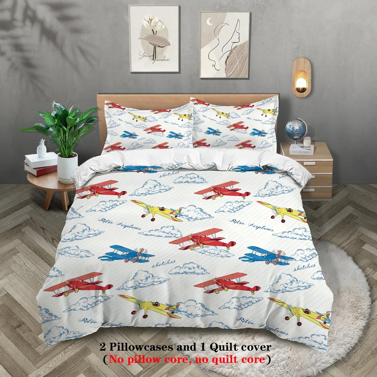 3-Piece Cartoon Airplane Pattern Print Duvet Cover Set with 2 Pillowcases Soft Comfortable Bedding No Core Included