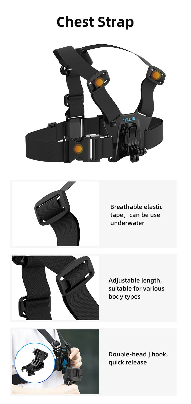 TELESIN Action Camera Head Strap Chest Belt Mount Mount For GoPro Hero 11 10 9 8