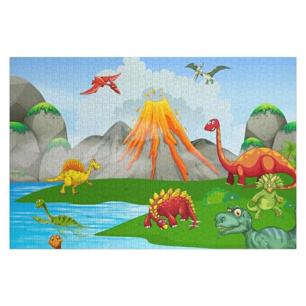 

prehistoric landscape, cute cartoon dinosaurs volcano mountains Jigsaw Puzzle Novel Toys For Children 2022 Puzzle