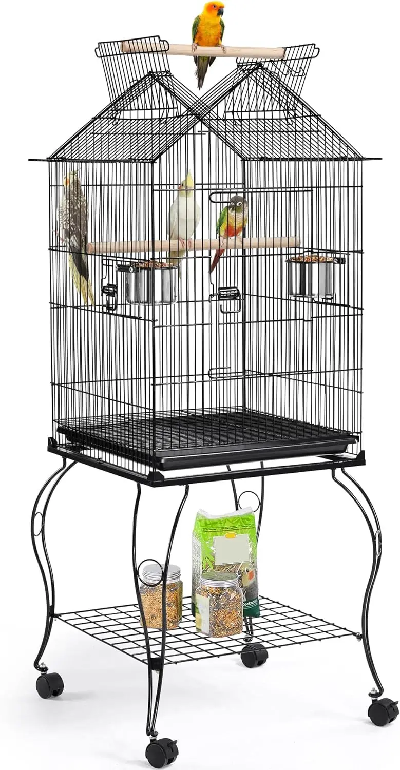 

57-Inch Rolling Open Top Roof Bird Cage for Mid-Sized Parrots Cockatiels Caique Quaker Monk Indian Ring Neck Green Cheek Conure