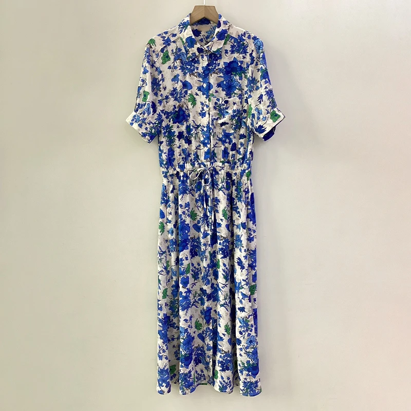 

Zadig Blue Long Dress Women Floral Print Spring Summer Robes Lapel Long Sleeve Chic Elegant Dresses Casual Fahsion Ladies Robe