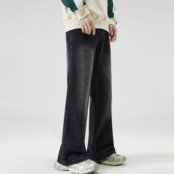 Trend-in Men's micro flare jeans semi-banding button wideed straight fit denim pants DN0828
