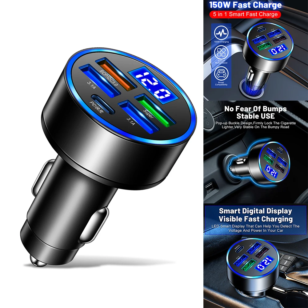 

12-24V Standard 150W Five-in-one Car Charger With Digital Display, 5-port Voltage Car Charger, One-to-five Multi-port Car Charge