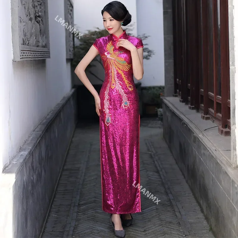 chinese new year women clothes bride mermaid tail long dress red cheongsam qipao wedding Plus size woman Sequin Dragon Phoenix